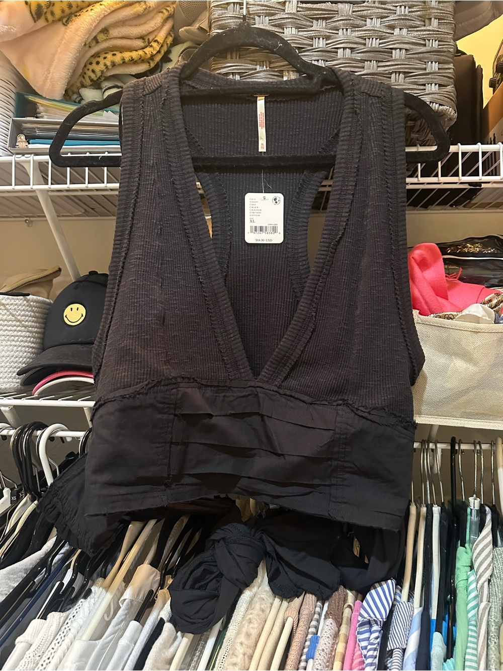 Free People Black Ribbed Deep V Tie-Front Tank
